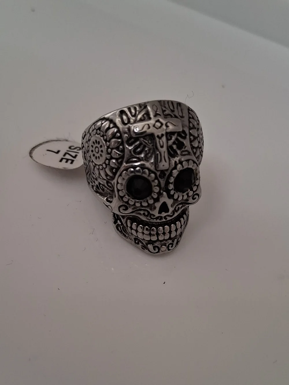Men's Silver Tone Sugar Skull Ring with Black Stone Eyes